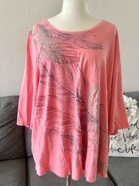 Catherines Coral Feather-Print Scoop Neck Top